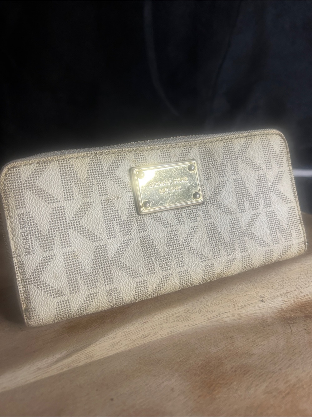 Michael Kors Cream Logo Zip-Around Wallet with Gold Plate